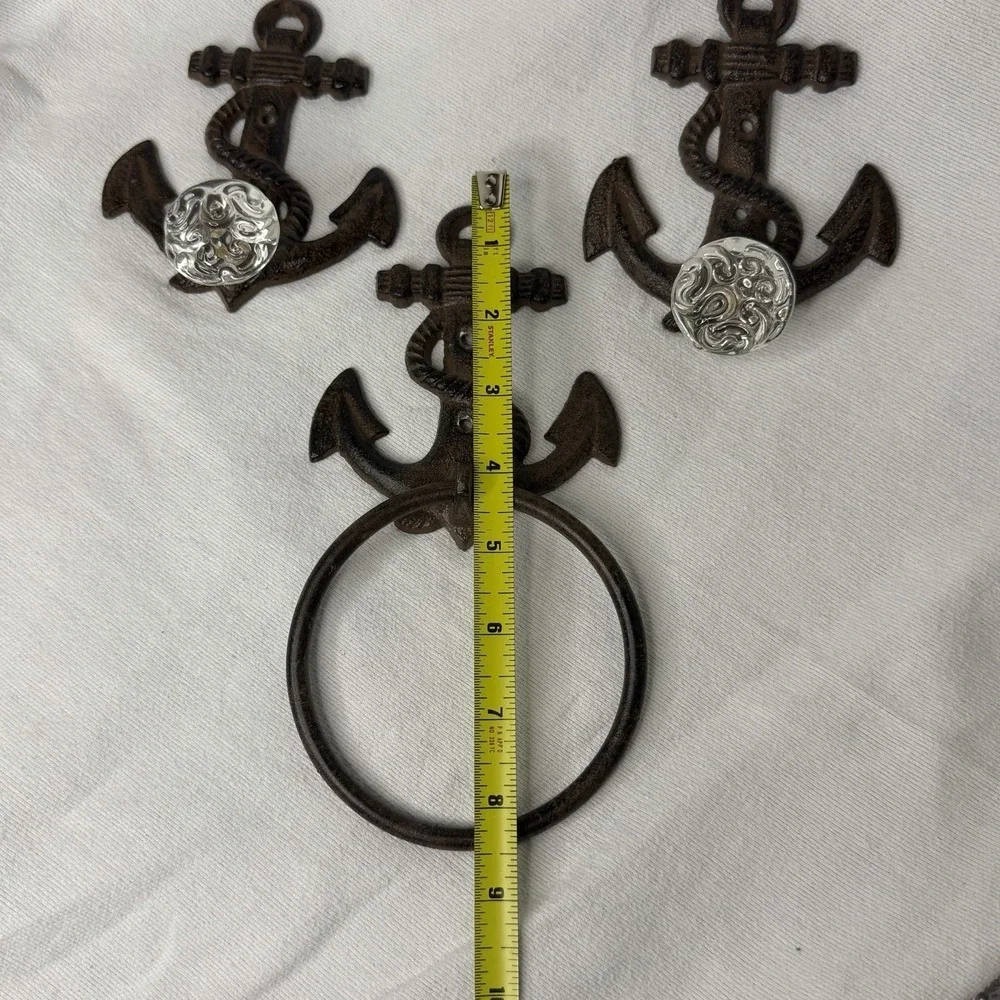 Cast Iron Anchor Hangers Towel Ring 3pc Rustic Nautical Coastal Decorative Knobs